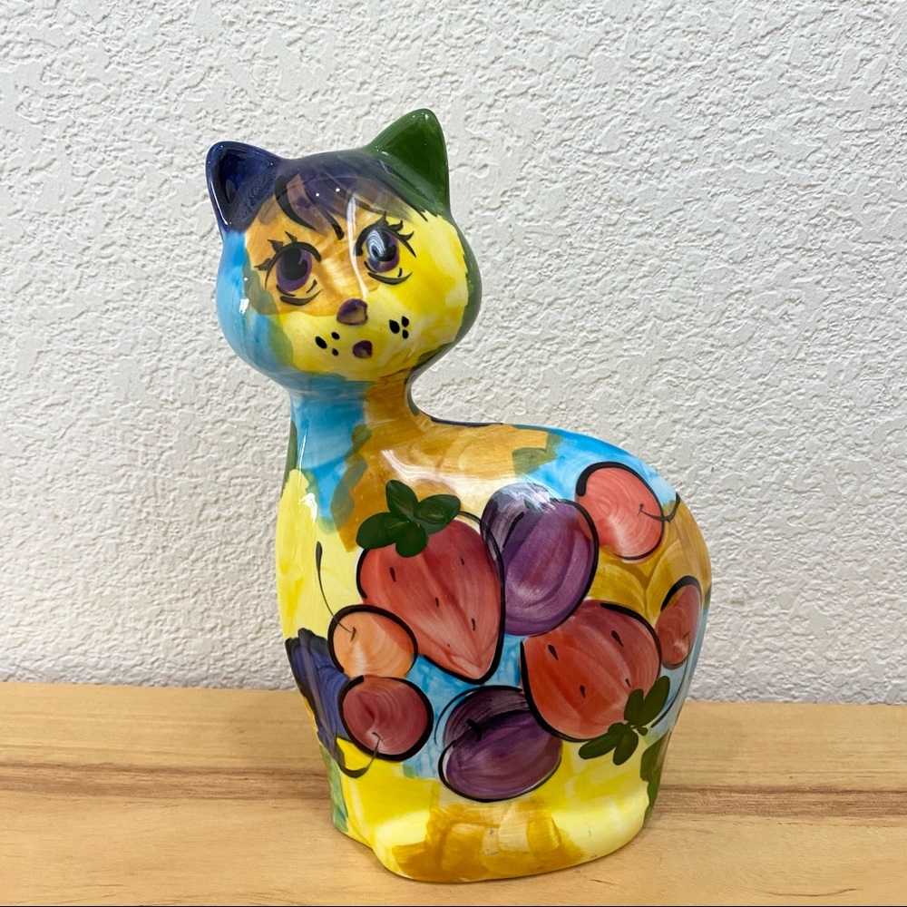TUROV Art Ceramics Hand Painted 9” Cat Figurine Berries Strawberry Cherry Design